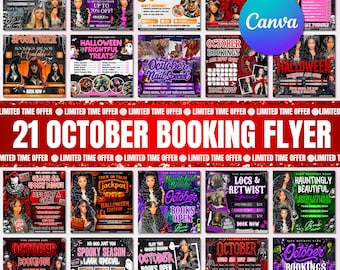 Bokningsflyer för oktober, böcker öppna i oktober, Halloween-hårflyer, läskig SZN-flyer, hårflyer för oktober, naglar MUA-fransar, redigerbar Canva