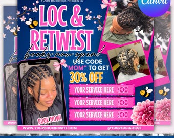 Loc And Retwist Flyer, Mother's Day Booking Flyer, May Books open, May Appointment Flyer, Hair Braids Wig Lashes Flyer, Canva Editable