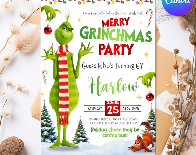 Grinchmas Party Invite,Grinhday Party, Max Grinch Party Invitation,Instantly Download,Grinch Party Invitation Editable In Canva Template