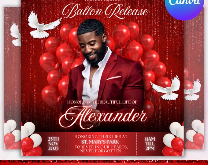 Balloon Release Flyer, Funeral Flyer, Memorial Announcement Flyer, Rest In Peace Funeral Invitation, Canva Editable