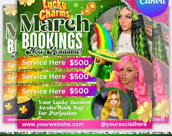 March Booking Flyer, St. Patrick Day Flyer, March Madness Flyer, March Book Now, March Hair, March Lashes Nails Flyer, Canva Editable