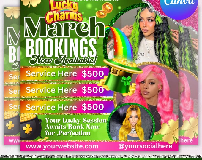 March Booking Flyer, St. Patrick Day Flyer, March Madness Flyer, March Book Now, March Hair, March Lashes Nails Flyer, Canva Editable