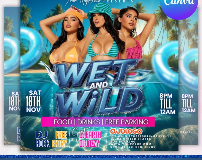 Pool Party Flyer, Wet And Wild Pool Party Flyer, Summer Beach Party Flyer, Urban Party Flyer,  Summer Break Flyer,Party Flyer,Canva Editable