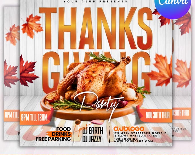 Thanksgiving Party Flyer, Thanksgiving Club Invite, Friendsgiving Dinner Invite, Celebration Flyer, Social Media Flyer, Canva Editable