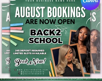 August Booking flyer, August Appointment Flyer, Back To School Flyer, Back to school sale flyer, Hair Braids Lash Wig Flyer, Canva Editable