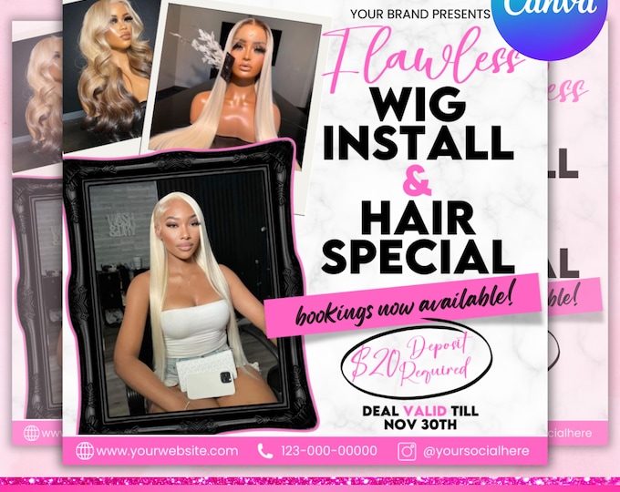 Wig Install Flyer, Wig Specials, Wig Flyer, Hair Install Flyer, Hair Booking Flyer, Hair Stylist, Social Media Flyer, Canva Editable