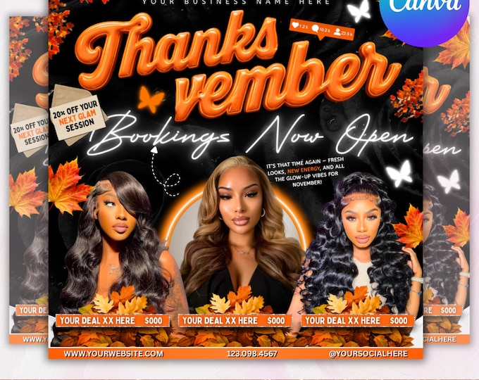 November Booking Flyer, Fall Szn Booking Flyer, Thanksgiving Book Now, November Hair Lash Nail Braids MUA Wig Autumn Flyer, Canva Editable
