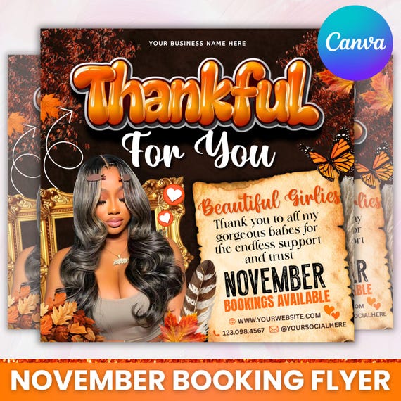 November Booking Flyer, Fall Szn Booking Flyer, Thanksgiving Book Now, November Hair Lash Nail Braids MUA Wig Autumn Flyer, Canva Editable