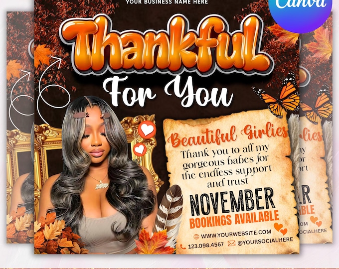 November Booking Flyer, Fall Szn Booking Flyer, Thanksgiving Book Now, November Hair Lash Nail Braids MUA Wig Autumn Flyer, Canva Editable