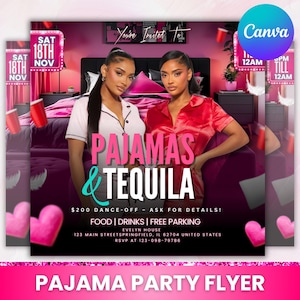 Pajama Party Flyer, Sleepover Event Printable, Sleepover Party & Club Events Flyer, Pink Canva Template, Birthday Flyer, Canva Editable