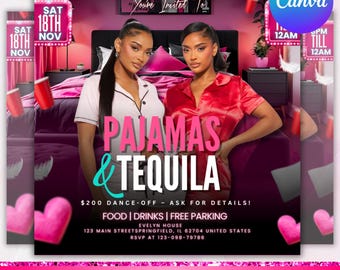 Pajama Party Flyer, Sleepover Event Printable, Sleepover Party & Club Events Flyer, Pink Canva Template, Birthday Flyer, Canva Editable