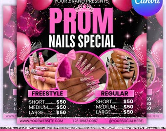 Prom Nail Flyer, Nail Special Flyer, Prom Booking Flyer, Prom Season Flyer, Nail Flyer, Mua, Braids, Install, Lash, Canva Editable