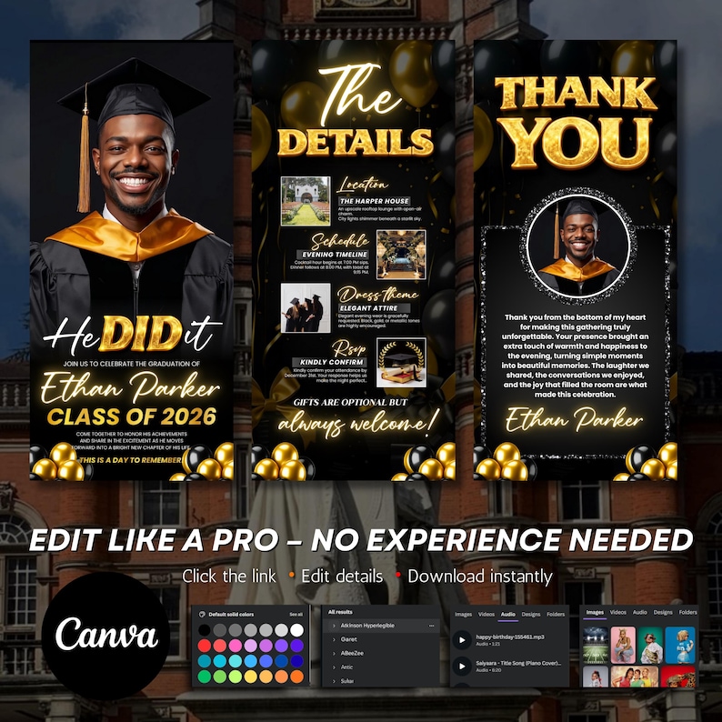 Black and Gold Luxury Graduation Digital Invitation, Graduation Party, Graduation Ceremony, For Boys and Girls, For men and women Graduation Flyer | Customizable DIY Invitation Flyer | Graduation Invitation Flyer | Social Media Flyer | Simplistic | Class of 2025 Digital Graduation Invitation, Graduation Party, Graduation Invitation, Congrats to the Grad flyer, Class of 2025 flyer, Grad Announcement
