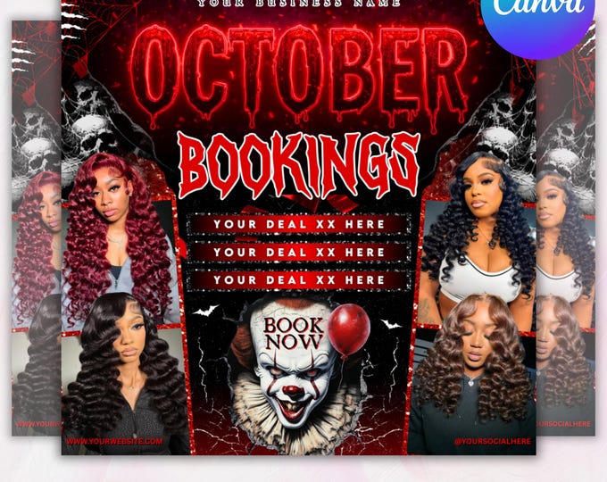 October Booking Flyer, October Books Open, Halloween Hair Flyer, Spooky SZN Flyer, October Hair Flyer, Nails MUA Lash Locs Wig, DIY Canva