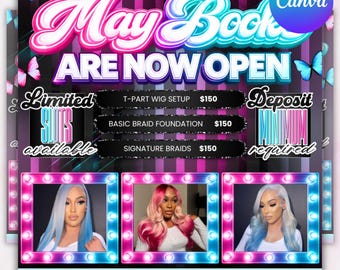 May Booking Flyer, Mothers Day Booking Flyer, May Hair, May Books Open, May Appointment Flyer, May Book Now, May Lashes Nail Braid Wig Flyer