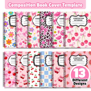 Puede incluir: Una colección de trece portadas de cuadernos de composición con espiral que presentan varios patrones en tonos rosados, incluyendo cerezas, fresas, lazos, estampado de leopardo, flores y sandías, cada una con una etiqueta blanca para escribir.