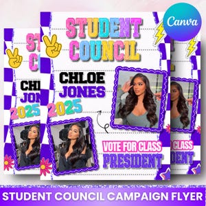 May include: A student council campaign flyer with a purple and white checkered background. The flyer features the name "Chloe Jones" and the year "2025". It includes a photo of a woman and the text "Vote for Class President".