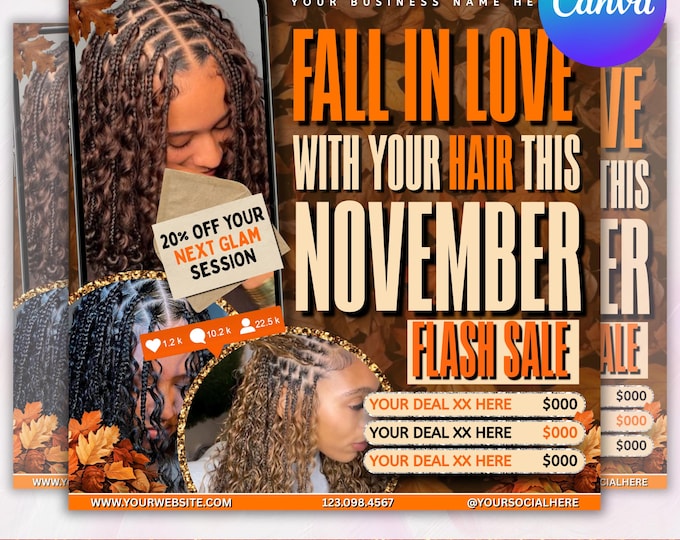 November Booking Flyer, Fall Szn Booking Flyer, Thanksgiving Book Now, November Hair Lash Nail Braids MUA Wig Autumn Flyer, Canva Editable