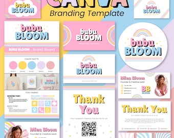 Plantilla de kit de marca de Canva, marca retro colorida, logotipo editable, tarjeta de presentación, firma de correo electrónico, tarjeta de agradecimiento, portada de Facebook y YouTube.