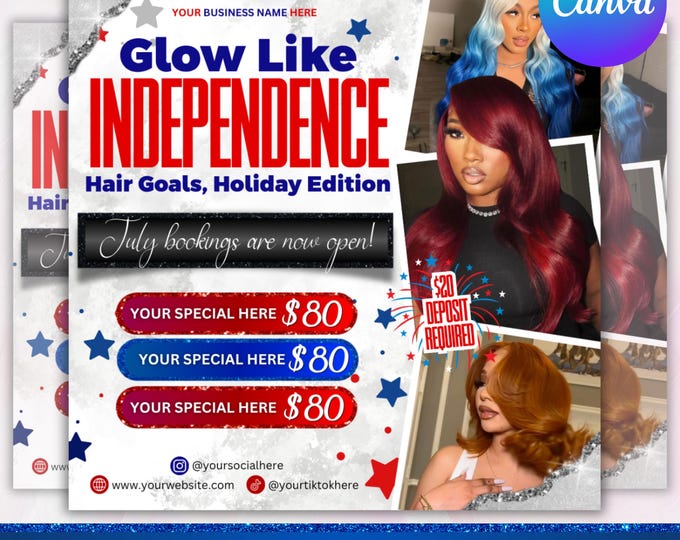 July Booking Flyer, July 4th Flyer, Now Booking July, Hair Braid Lash Brow Flyer, Books Open, Nail wig install Hair Flyer, Canva Editable
