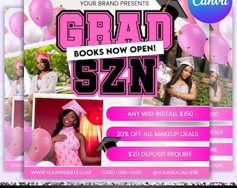 Graduation Booking Flyer, Grad Szn Booking Flyer, Makeup Special Graduation, Beauty Salon Flyer,Hair, Lash, Braids, Canva Editable