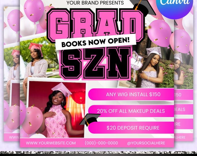 Graduation Booking Flyer, Grad Szn Booking Flyer, Makeup Special Graduation, Beauty Salon Flyer,Hair, Lash, Braids, Canva Editable