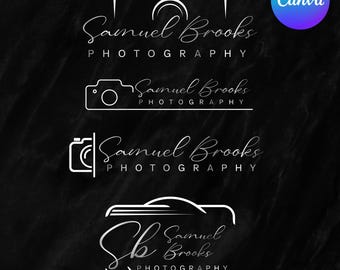 Puede incluir: Cuatro diseños de logotipos de fotografía blancos sobre un fondo negro. Cada logotipo presenta un contorno de cámara y el nombre "Samuel Brooks Photography" en una fuente de escritura. Un logotipo de Canva está en la esquina superior derecha.