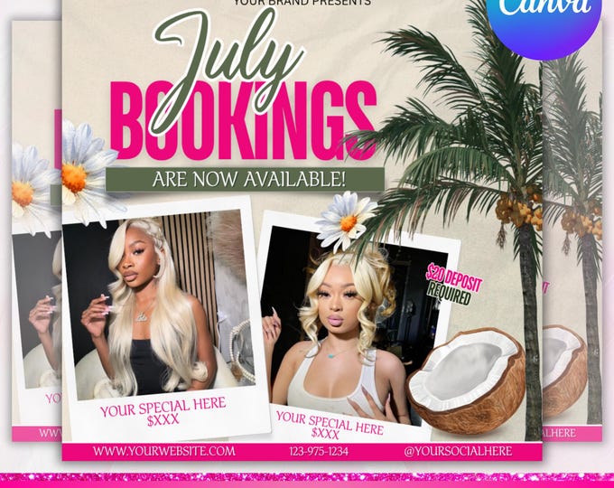 July Booking Flyer, July 4th Flyer, Now Booking July, Hair Braid Lash Brow Flyer, Books Open, Nail wig install Hair Flyer, Canva Editable