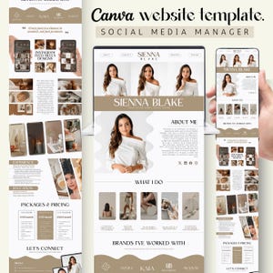 Può includere: Un modello di sito web Canva per un social media manager, con un design web su un laptop e un mockup di telefono cellulare. Il design include sezioni per "Chi sono", "Cosa faccio" e "Marchi con cui ho lavorato".