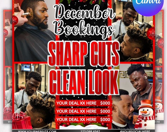 Christmas booking flyer, Barber booking flyer, December booking, Grinchmas sale flyer, Books open,  Canva Editable