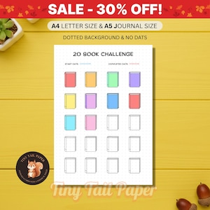 Puede incluir: Un papel blanco con un fondo punteado y el texto "20 BOOK CHALLENGE". El papel tiene iconos de libros coloridos y el texto "A4 LETTER SIZE & A5 JOURNAL SIZE". El banner superior dice "SALE - 30% OFF!" y el logotipo de "Tiny Tail Paper".