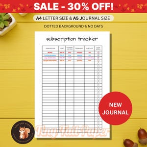 Puede incluir: Un diario de seguimiento de suscripciones blanco con un fondo punteado. El diario incluye una tabla con columnas para suscripción, costo, método de pago, frecuencia, fecha de vencimiento y renovación automática. El texto "SALE -30% OFF!" está en la parte superior.