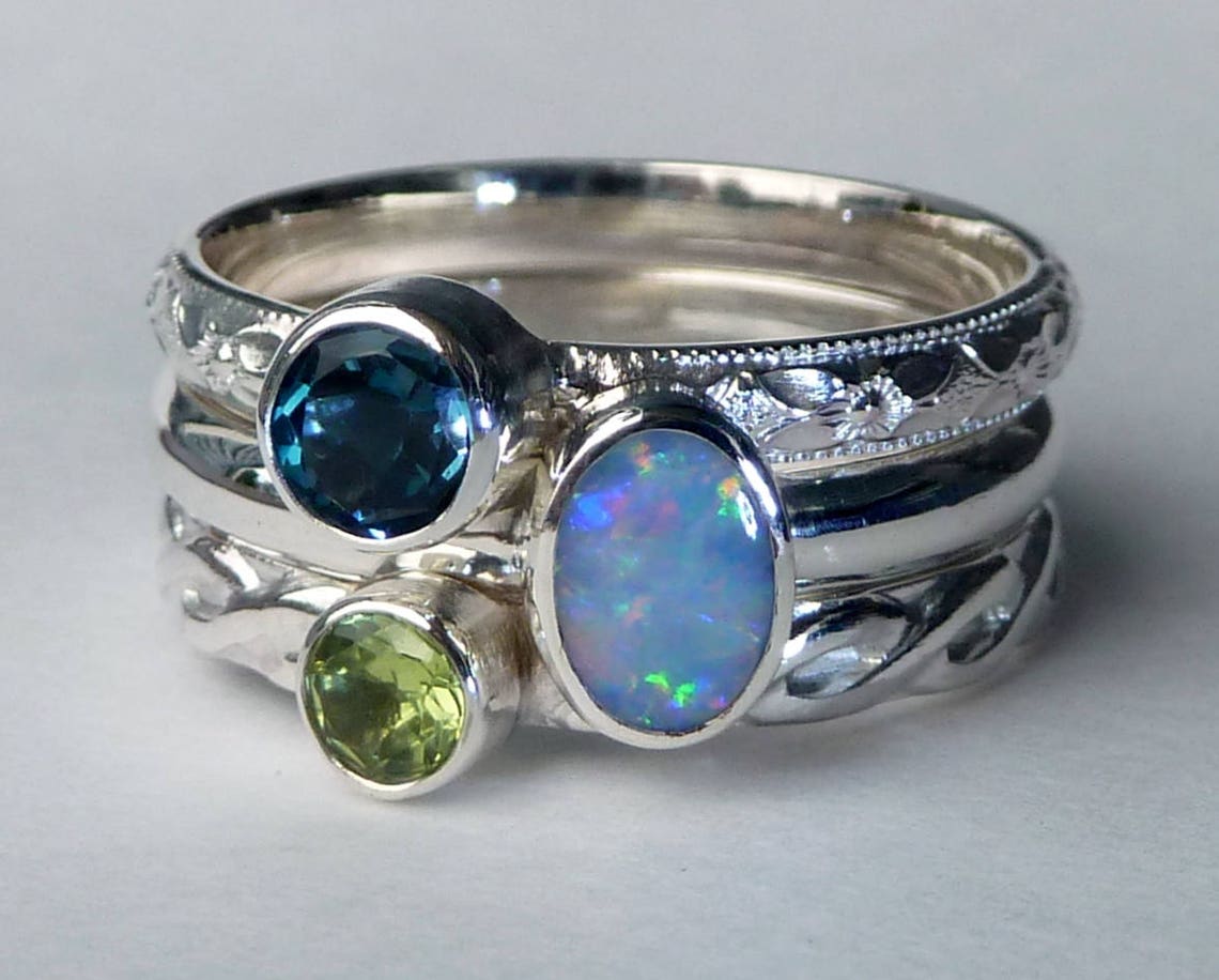 Mothers Ring 3 Birthstone Stacking Rings incl 7x5 mm Opal Etsy