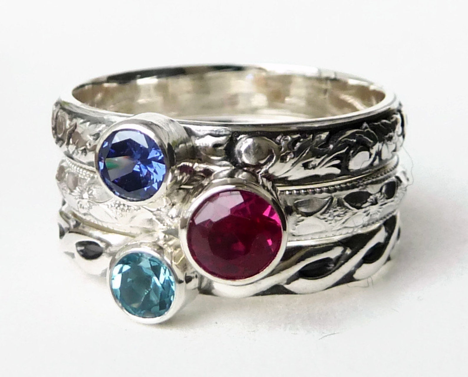 Mothers Ring 3 Birthstone Stacking Rings Family Ring Etsy
