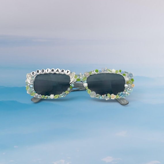 Alex Warren Inspired Sunglasses: Blue Rose Pearl Embellished