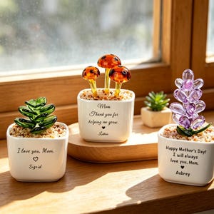 May include: Three small, white square planters with decorative glass plants. One has a green succulent, another has orange mushroom-shaped glass, and the third has a purple flower. Each planter has a message: "I love you, Mom.", "Mom, Thank you for helping me grow.", and "Happy Mother's Day! I will always love you, Mom."