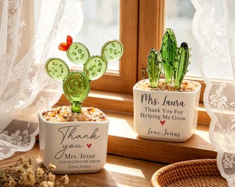 Personalized Name Glass Plant Pot, Mini Cactus Flower Ornament, Teacher Appreciation End of School Term Desk Gift