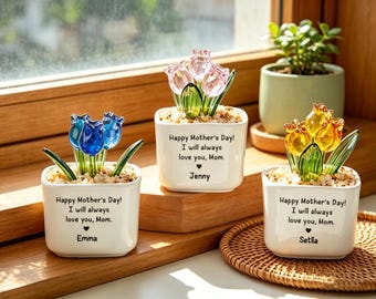 Tulipanes eternos de cristal, maceta de cristal soplado a mano, regalos para el Día de la Madre, regalo de cumpleaños
