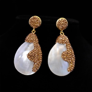 Grote diamanten oorbellen met schelp, 14 kt gouden grote ronde schelpoorbellen, trouwsieraden oorbellen, cadeaus voor haar