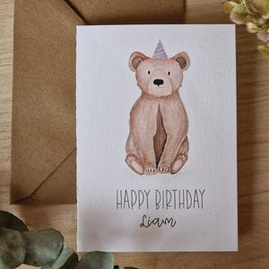 Carte anniversaire ours prénom personnalisable et couleur chapeau - carte pliante - Joyeux anniversaire