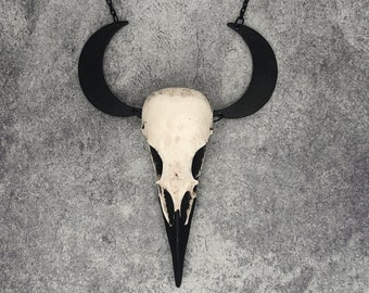 Crescent Moon Raven Skull Necklace - Skull With Horns Necklace Bird Skull Jewelry Witch Necklace Gothic Pagan Wiccan Bone Jewelry Goth