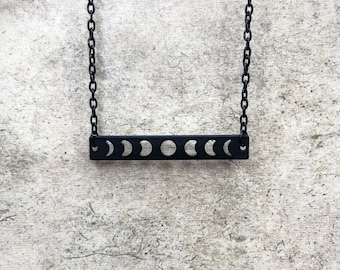 Lunar Phase Moon Phase Horizontal Bar Necklace - Moon Necklace Crescent Moon Jewelry Witch Goth Celestial Waxing, Waning, Full Moon Phases