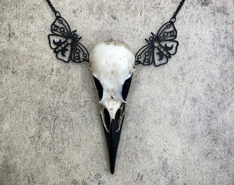 Celestial Moth Raven Skull Necklace - Moth Moon Goddess Necklace Crescent Moon Butterfly Skull Jewelry Witch Necklace Gothic Pagan Wiccan