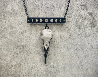 Moon Phase Bar Raven Skull Necklace - Horizontal Bar Moon Necklace Crescent Moon Jewelry Witch Goth Celestial Waxing, Waning Luna Witch
