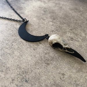 Crescent Moon Raven Skull Necklace - Waning Moon Necklace Moon Necklace Goddess Necklace Crescent Moon Jewelry Moon Jewelry Witch Halloween