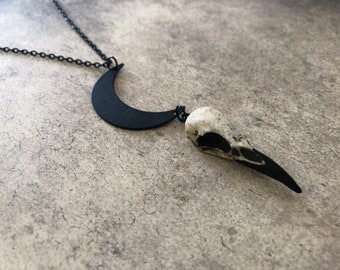 Crescent Moon Raven Skull Necklace - Waning Moon Necklace Moon Necklace Goddess Necklace Crescent Moon Jewelry Moon Jewelry Witch Halloween