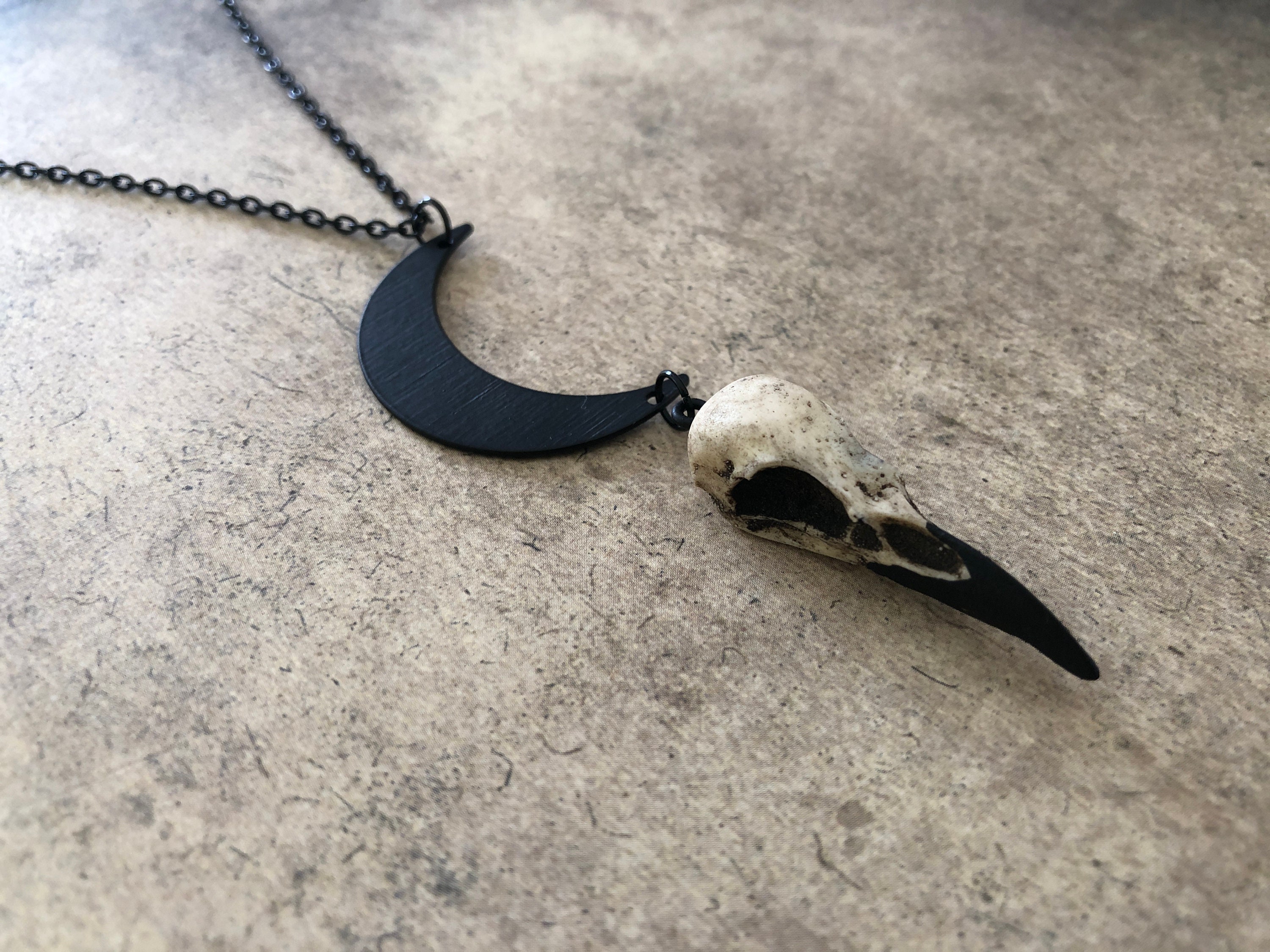 Crescent Moon Raven Skull Necklace - Waning Moon Necklace Moon Necklace Goddess Necklace Crescent Moon Jewelry Moon Jewelry Witch Halloween