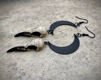 Statement Earrings Crescent Moon Raven Skull Dangles - Waning Moon Earrings Witch Jewelry Goddess Crescent Moon Goth Witch Occult Gothic