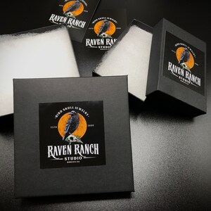 Raven Ranch Studio packaging for bird skull, raven skull and crow skull necklaces, perfect packaging for goth gifts