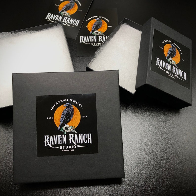 Raven Ranch Studio packaging for bird skull, raven skull and crow skull necklaces, perfect packaging for goth gifts